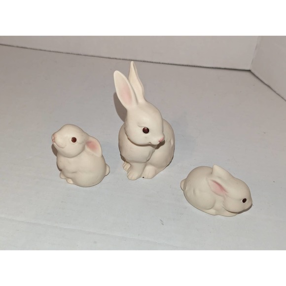 3 Vintage Home Interiors White Matte Porcelain Mom Baby Rabbits Bunnies Mexico - Picture 5 of 10